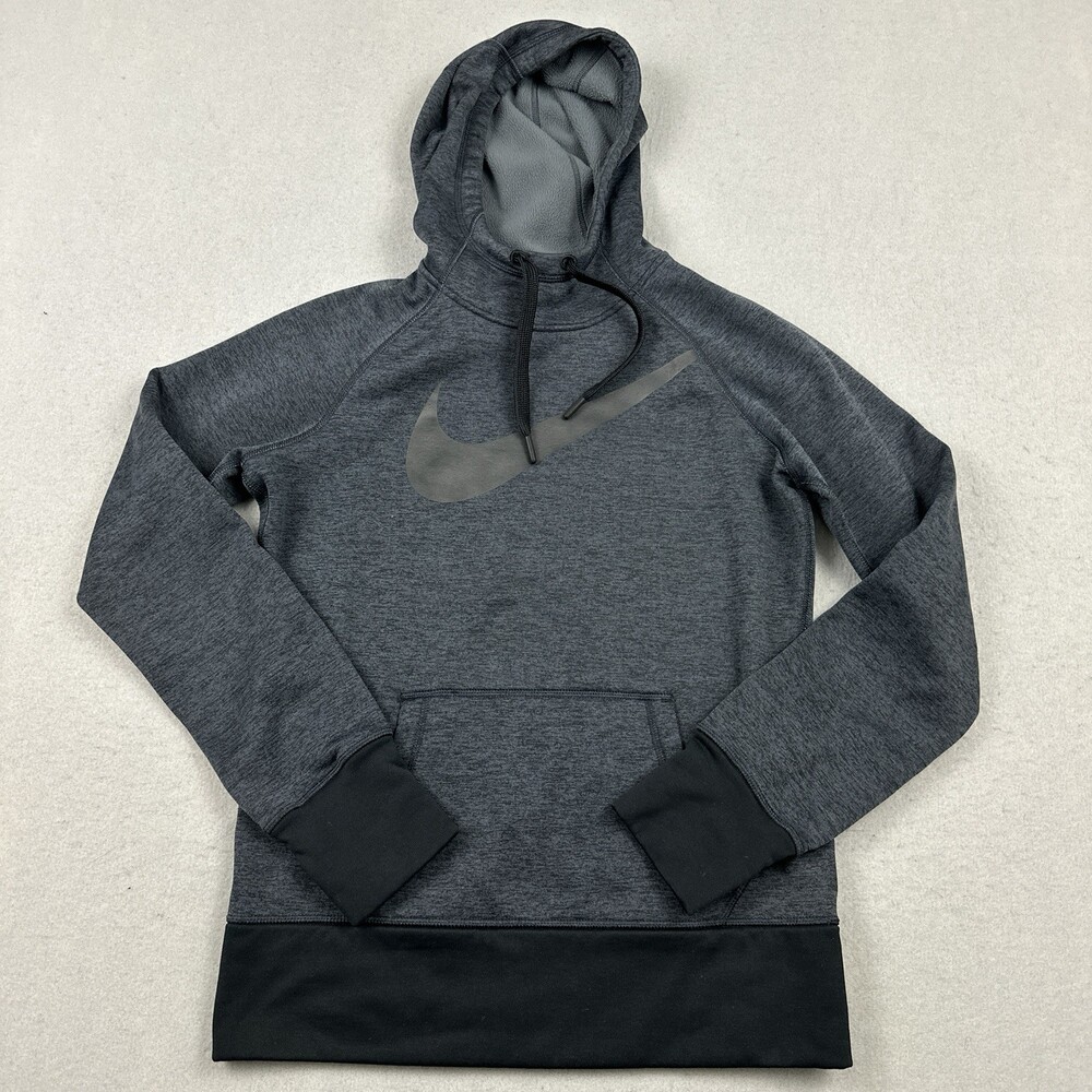 Nike Hoodie Women Small Gray Heather Big Swoosh Pullover Therma Fit Sweatshirt S